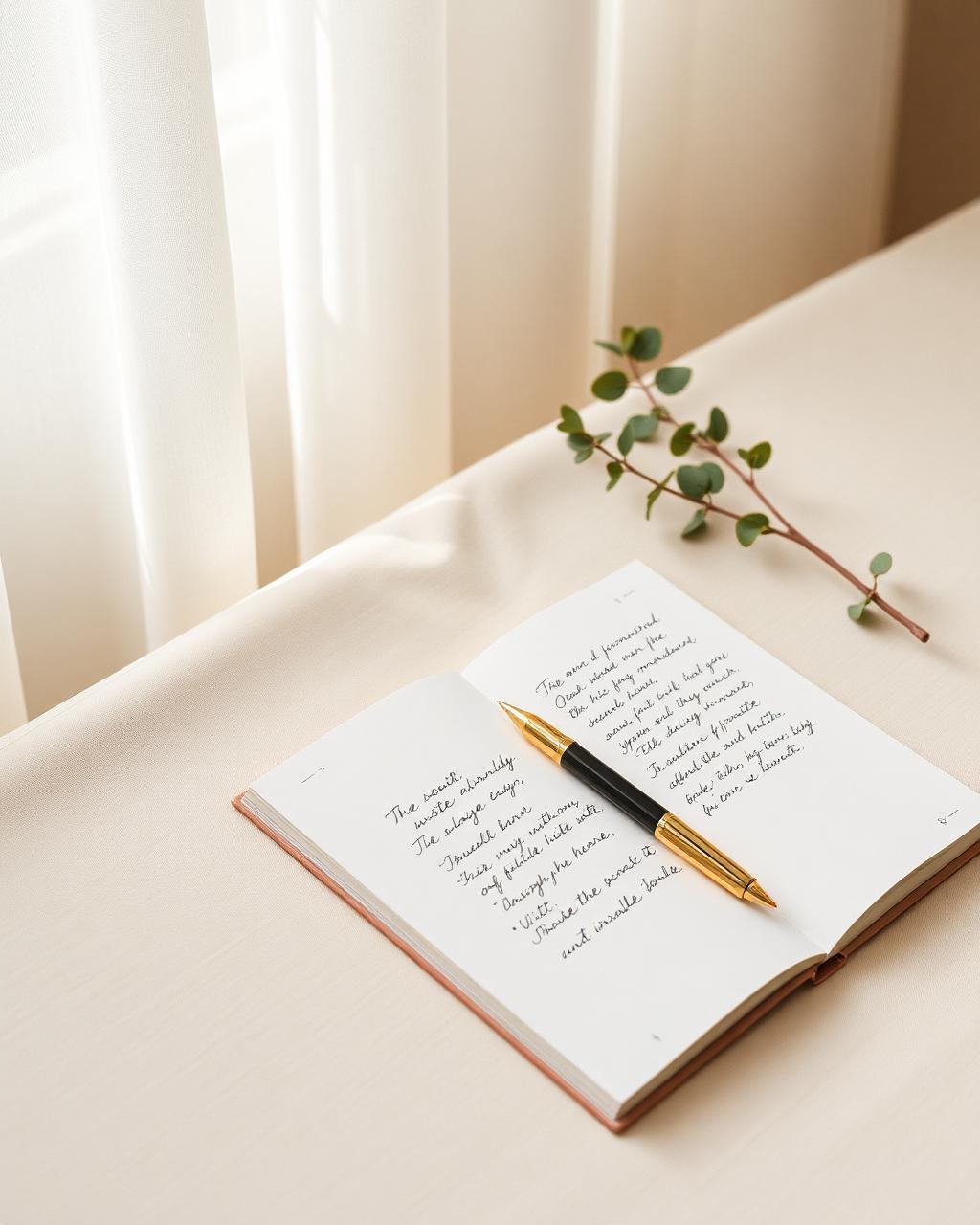 Open notebook with a gold pen in warm morning light