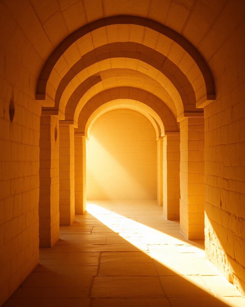 Sunlit stone archway leading toward warm golden light