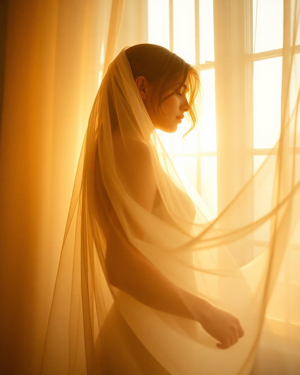 Silhouette of a woman veiled in sheer fabric bathed in golden light